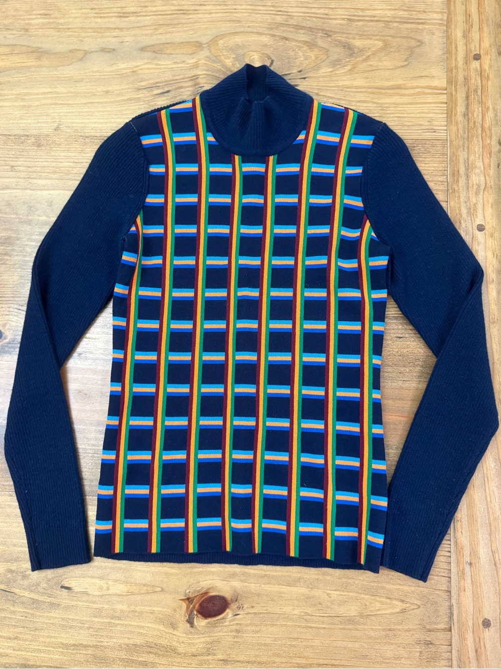 Tory Sport Merino Wool Jacquard Ribbed Plaid Print Turtleneck Sweater